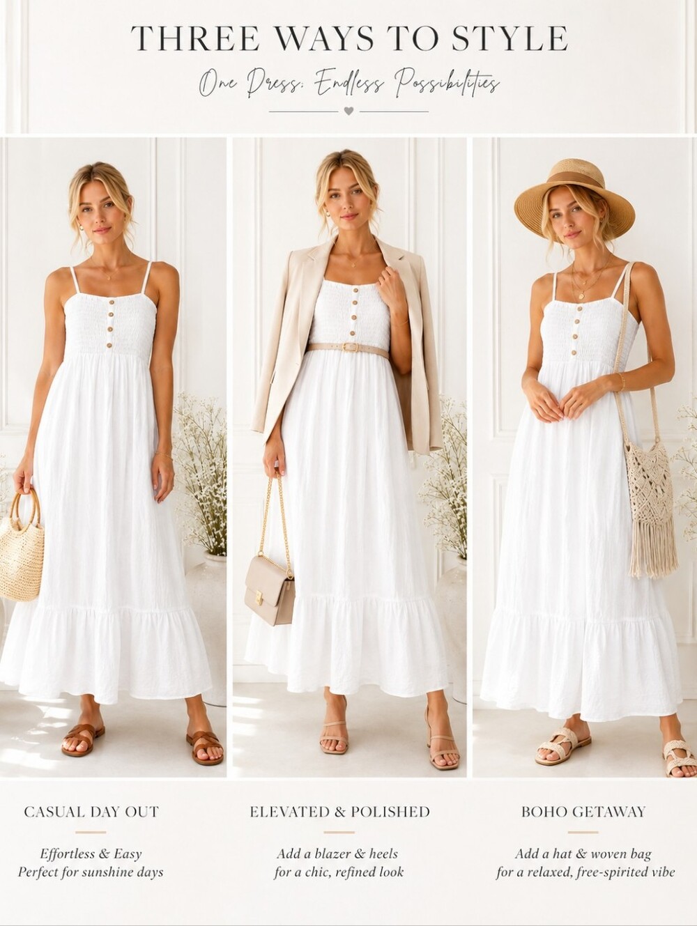 AUW White Smocked Maxi Dress Size M | Cottagecore Boho Lined Summer Sundress - Picture 3 of 10